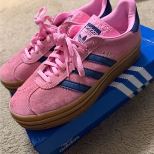 Adidas Pink Suede Sneakers with Blue Stripes